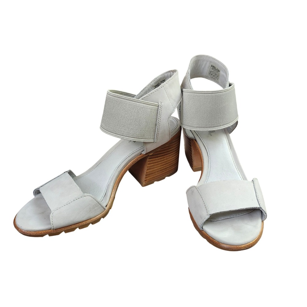 Sorel Joanie II Ankle Strap Sandals Dove Gray Nubuck Leather Block Heel Sz 10